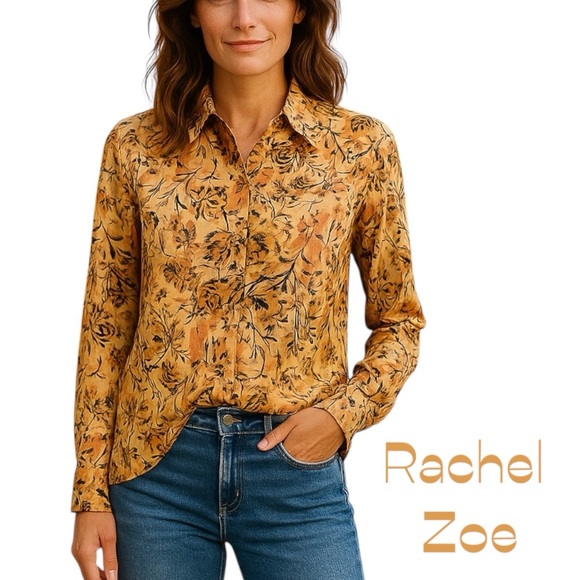 Rachel Zoe Gold Brown Floral Maximalist Button Down Shirt NWOT Size M - Picture 1 of 13
